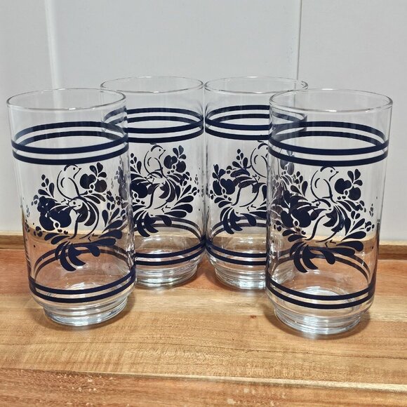 4 Pfaltzgraff Folk Art Drinking Glasses 6" blue bird floral Libbey - Picture 1 of 8